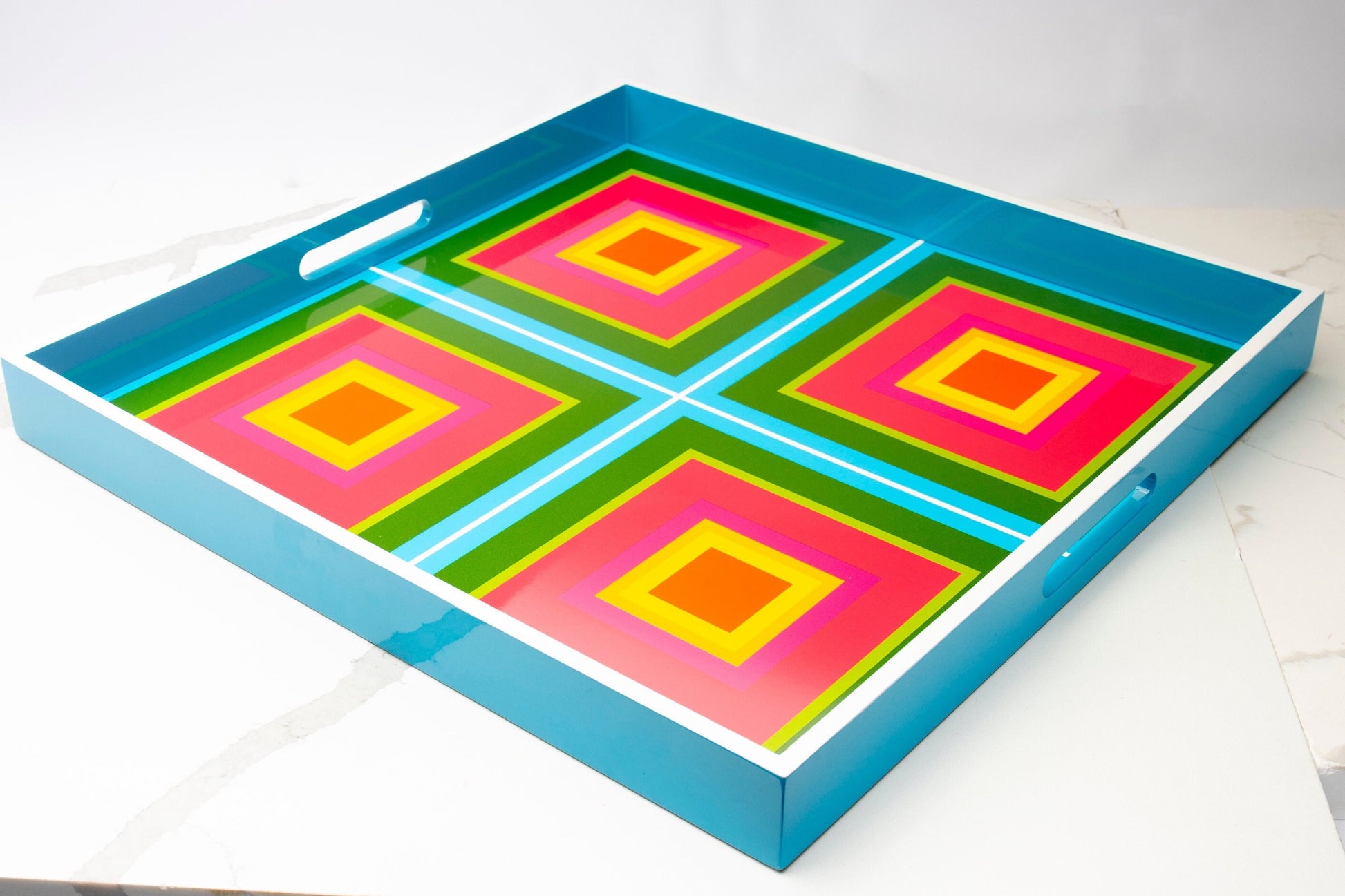 Handmade contemporary lacquer wood tray titled “ Pink Four Squares” designed by “Magic Hill