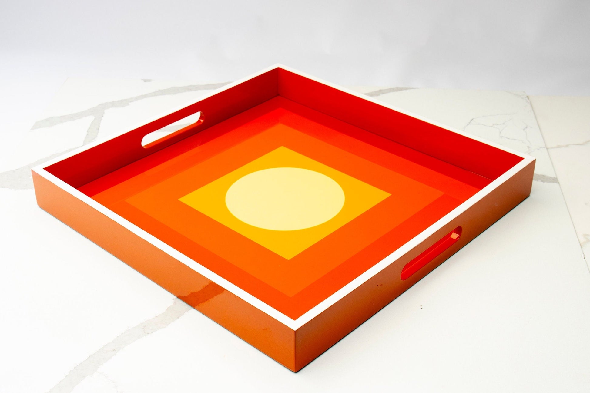 Handmade contemporary lacquer wood tray titled “Orange Sun Rise” designed by “Magic Hill