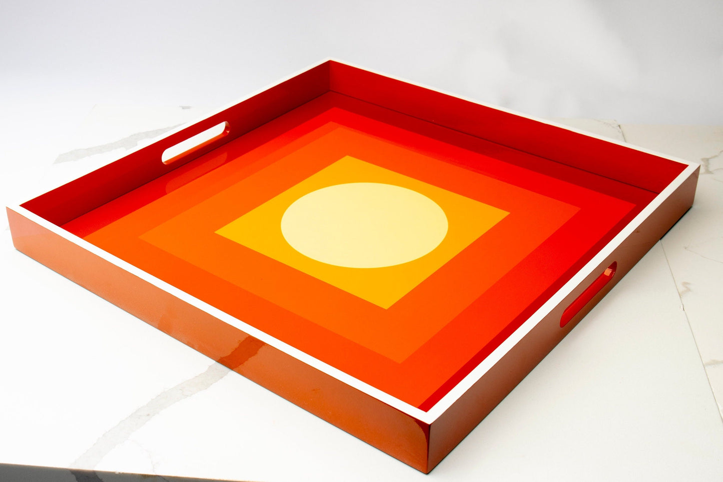 Handmade contemporary lacquer wood tray titled “Orange Sun Rise” designed by “Magic Hill