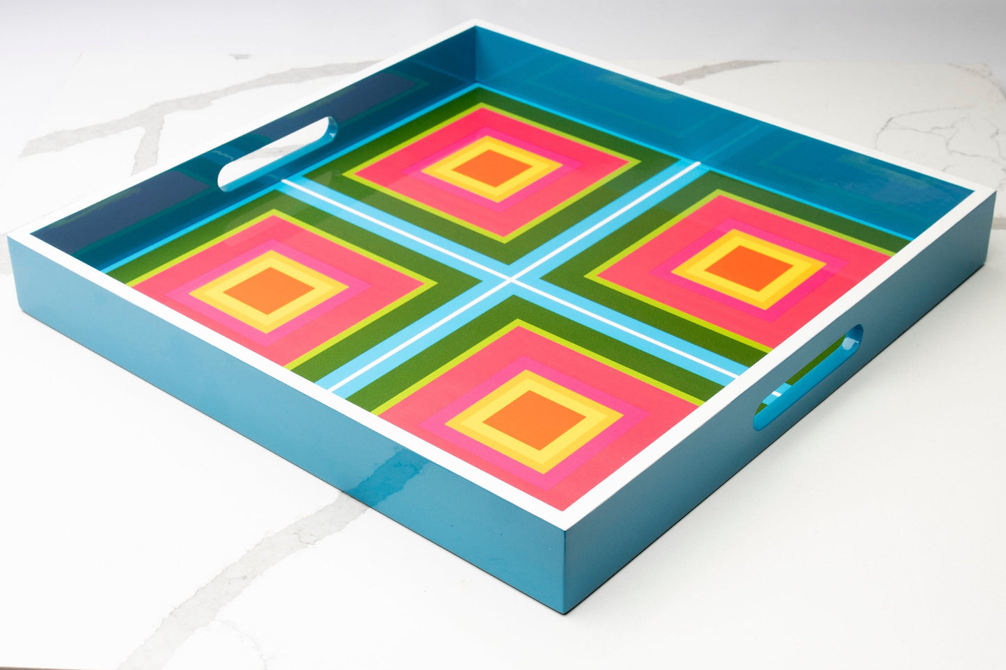 Handmade contemporary lacquer wood tray titled “Pink Four Squares” designed by “Magic Hill