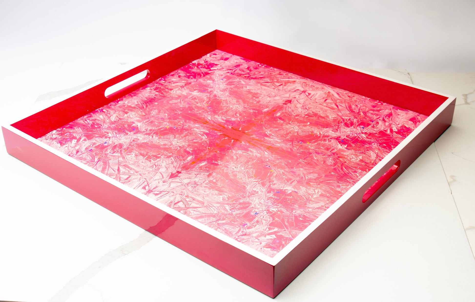 Handmade contemporary lacquer wood tray titled: “Pink Pussy” designed by “Magic Hill