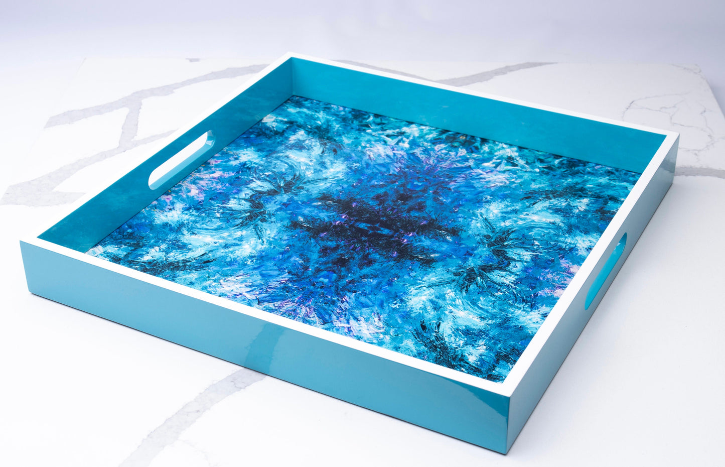 Handmade contemporary lacquer wood tray titled: "Blue Ocean" designed by "Magic Hill W16 x D16 x H2