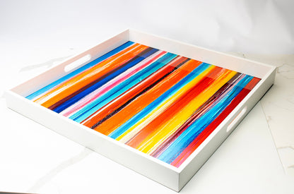 Handmade contemporary lacquer wood tray with multi color abstract titled: “Tuffi Fruitti” designed by Artist-Bruce Mishell