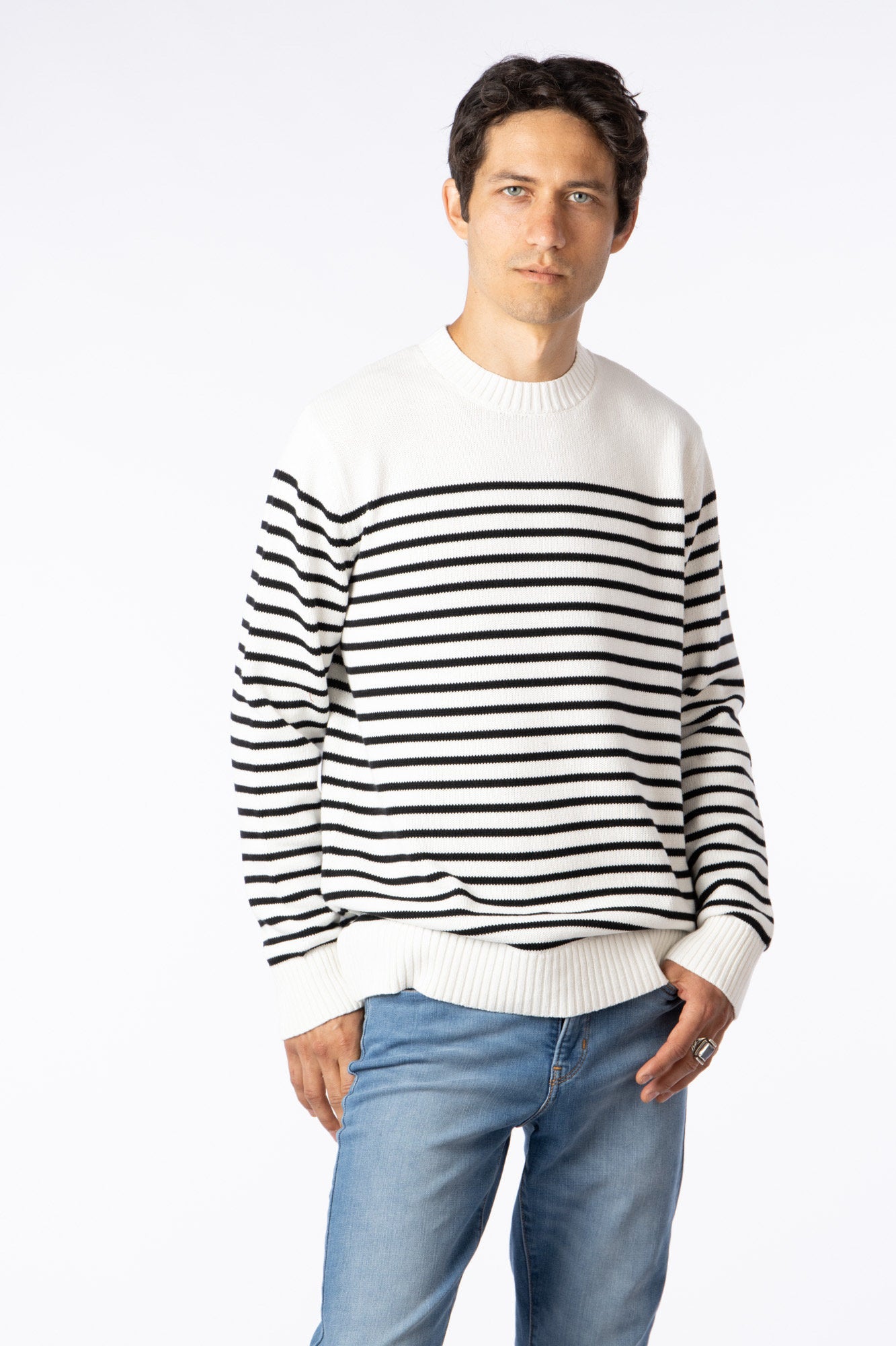 100% Pima Cotton Custom crew neck sweater White & Blue Stripes