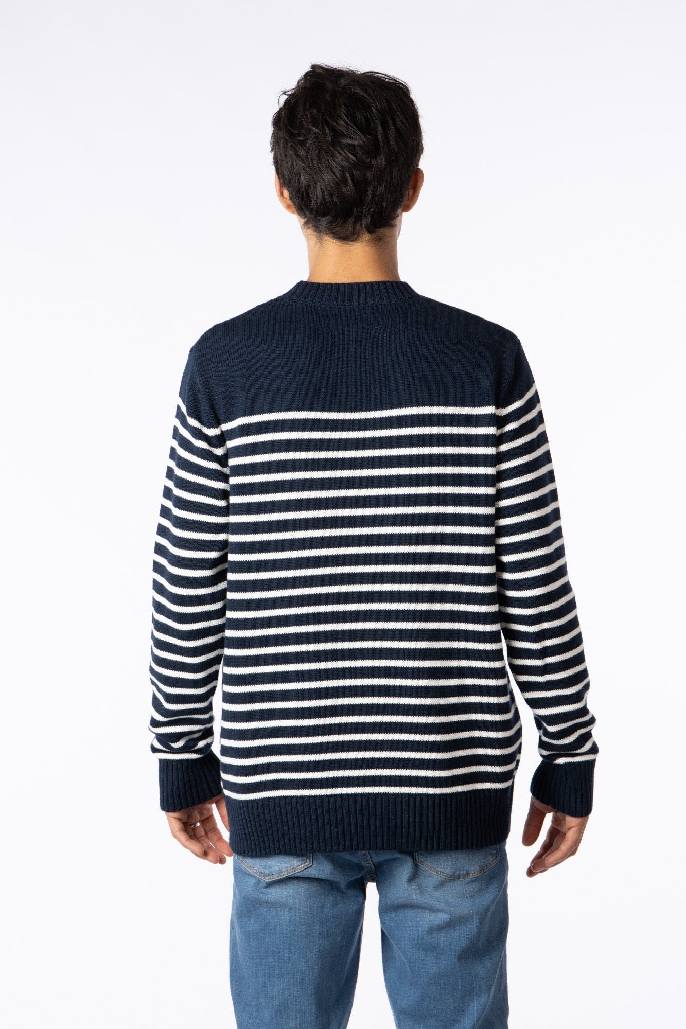 100% Pima Cotton Custom crew neck sweater Navy Blue with white Stripes