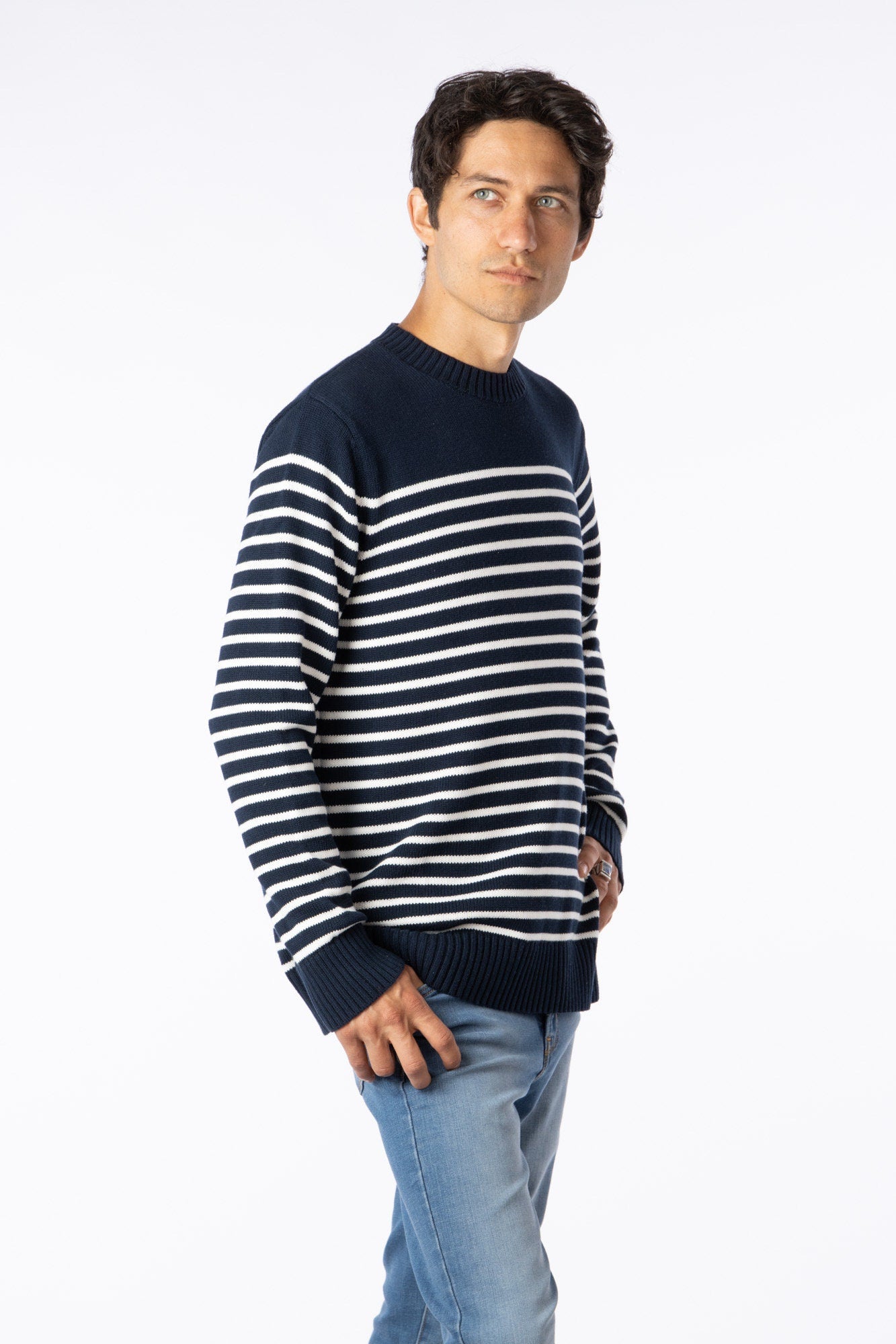 100% Pima Cotton Custom crew neck sweater Navy Blue with white Stripes