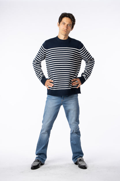 100% Pima Cotton Custom crew neck sweater Navy Blue with white Stripes