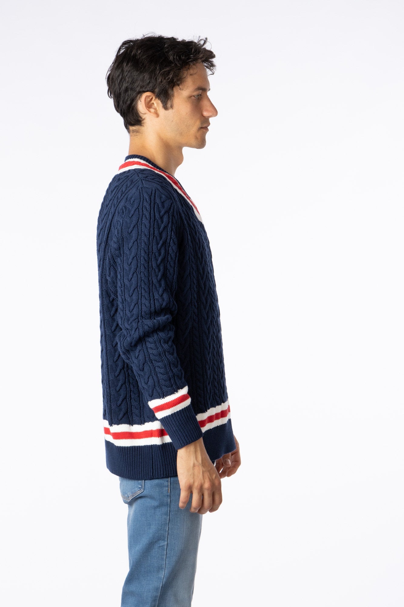 100% Pima Cotton Custom Vneck Cable Blue navy sweater with red & white accent