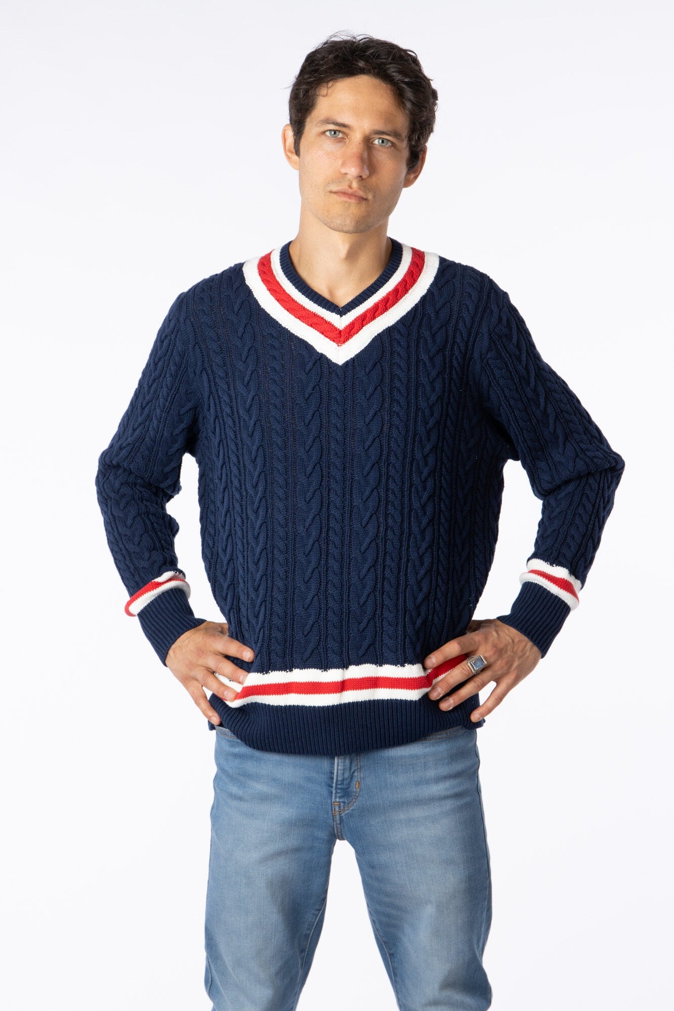 100% Pima Cotton Custom Vneck Cable Blue navy sweater with red & white accent