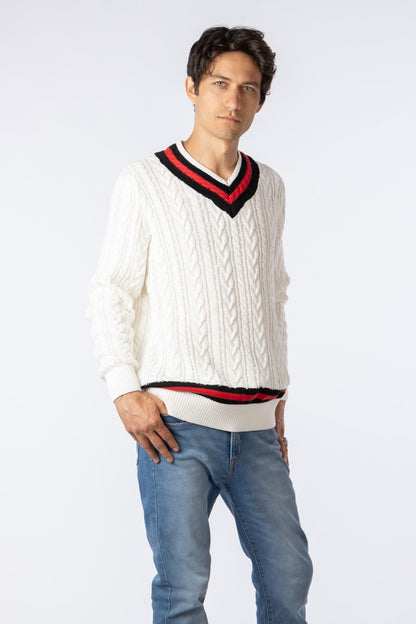 100% Pima Cotton Custom Vneck Cable white sweater with red & blue accent