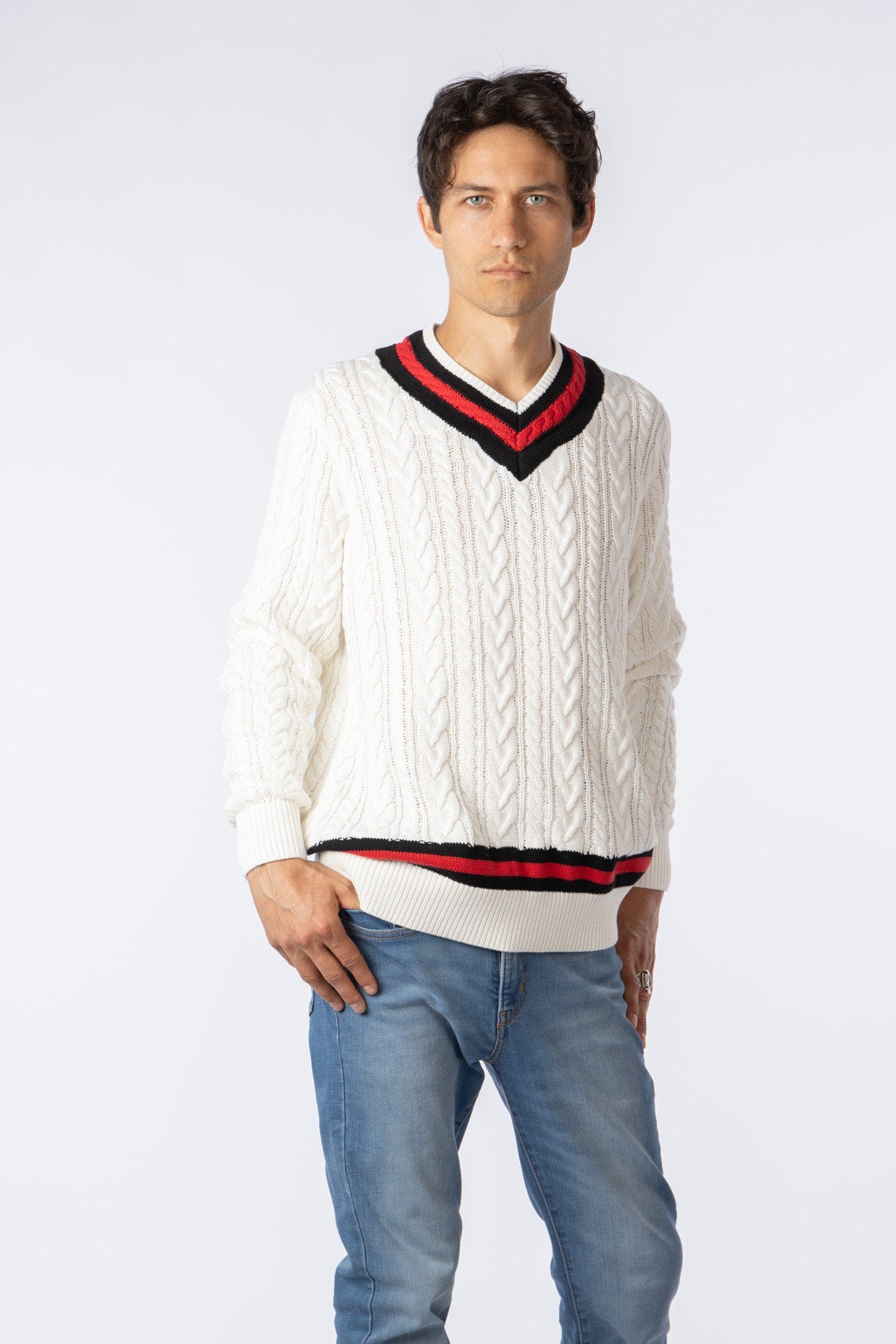 100% Pima Cotton Custom Vneck Cable white sweater with red & blue accent