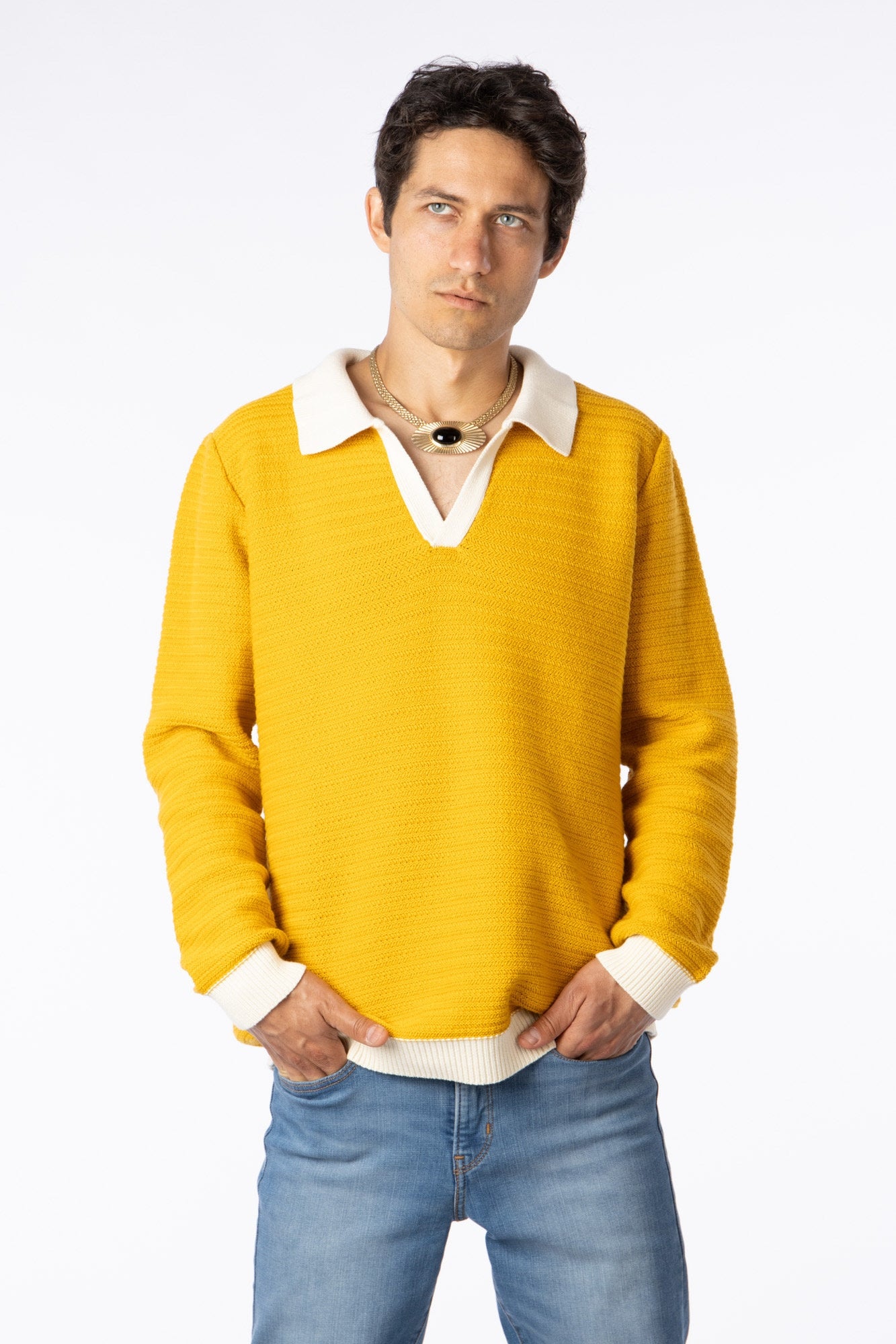 100% Pima Cotton Custom Vneck jaquard texture mustard sweater