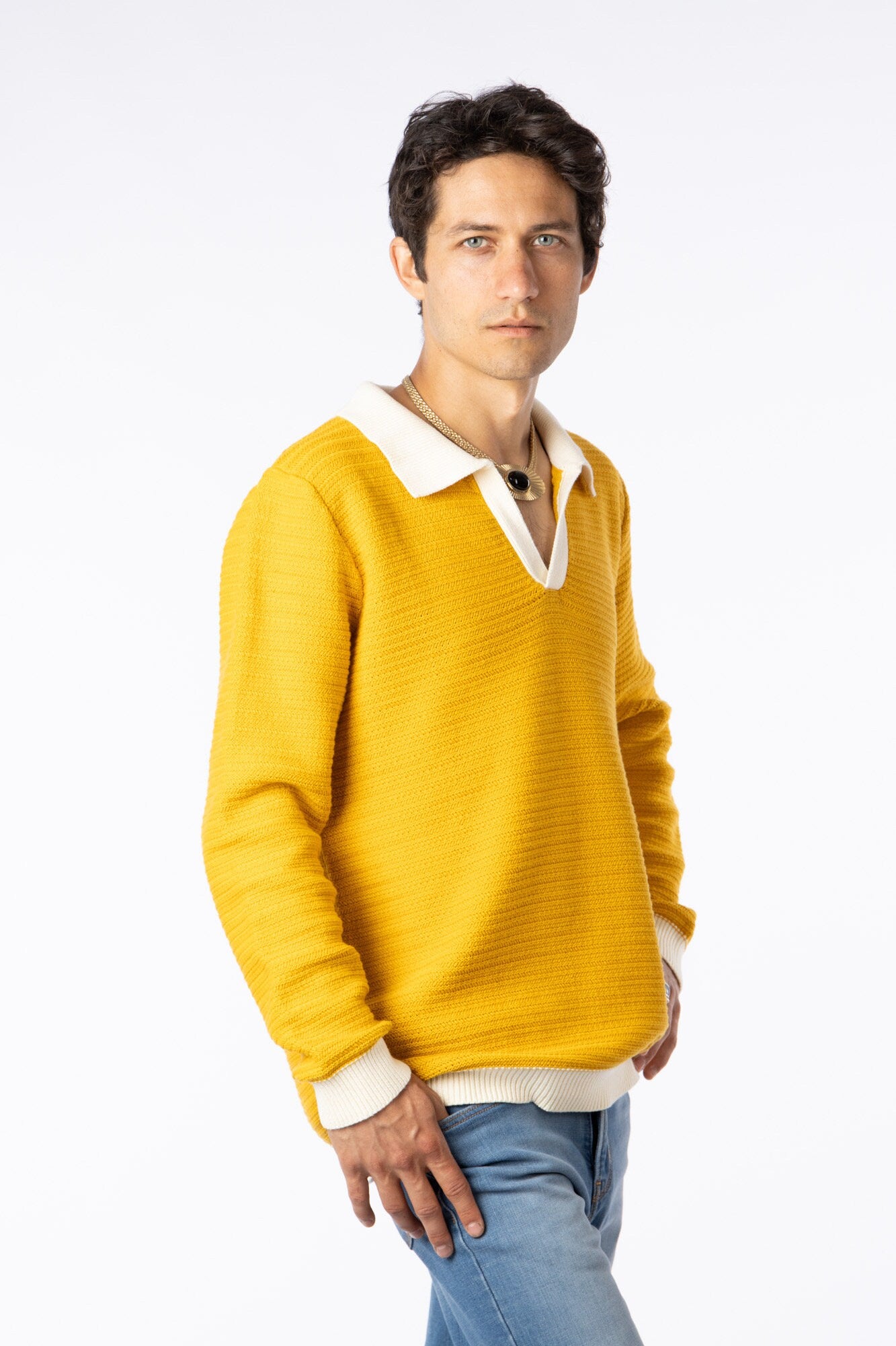 100% Pima Cotton Custom Vneck jaquard texture mustard sweater