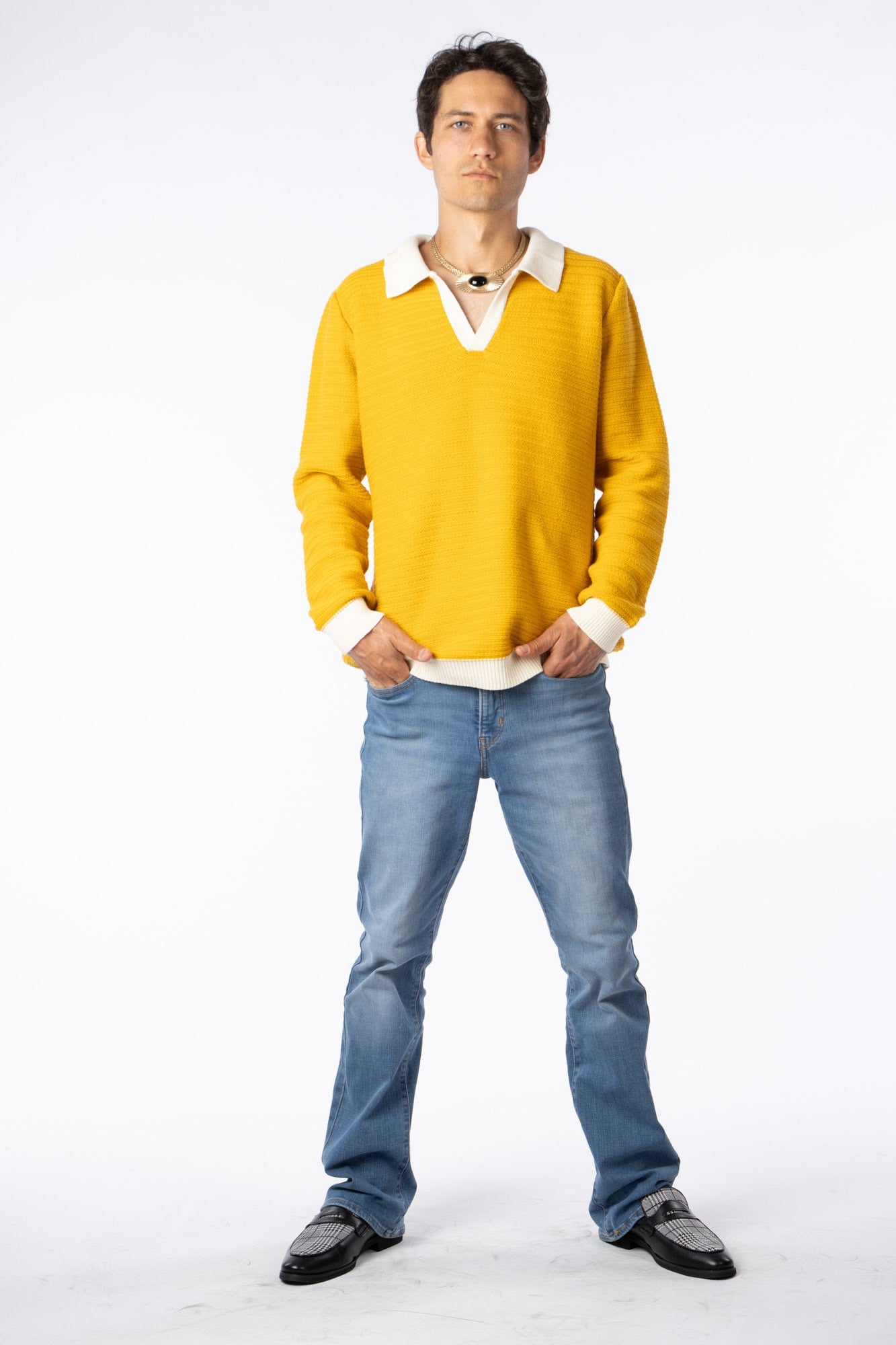 100% Pima Cotton Custom Vneck jaquard texture mustard sweater