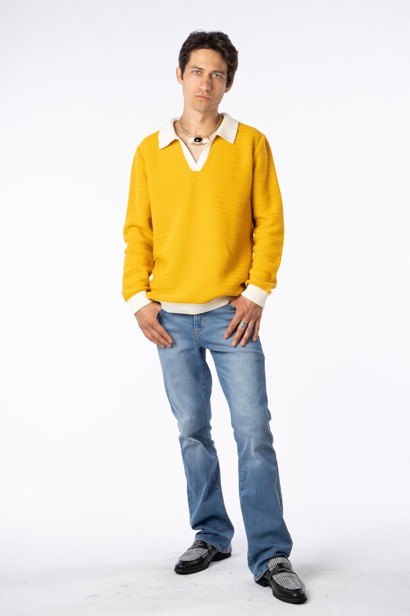 100% Pima Cotton Custom Vneck jaquard texture mustard sweater