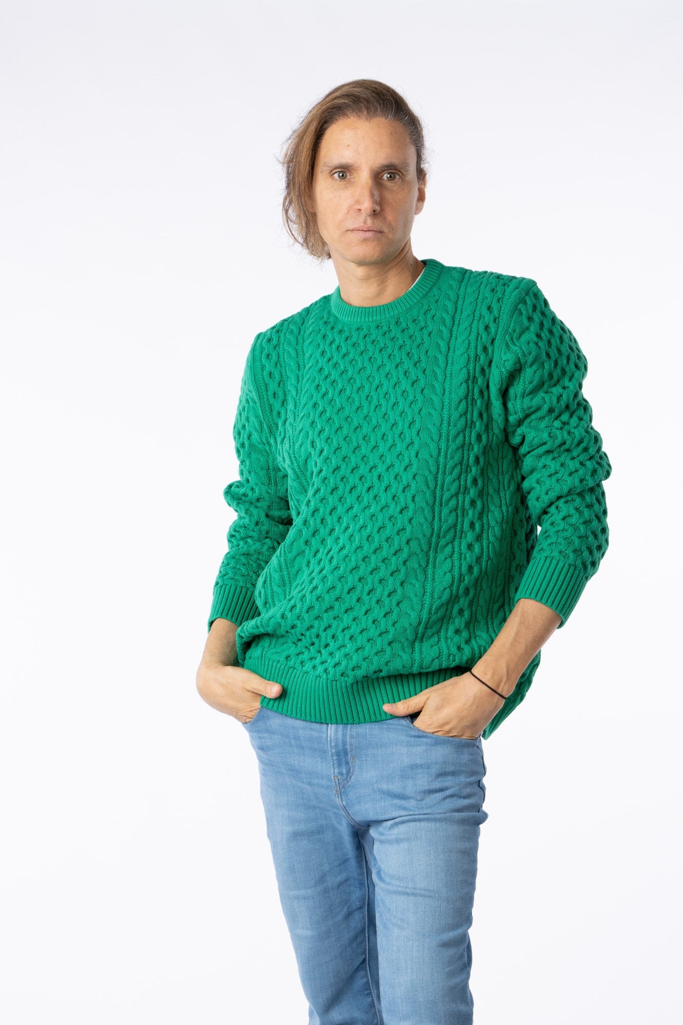 100% Pima Cotton Custom crew neck Cable green sweater