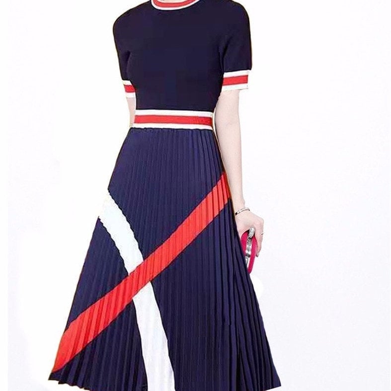 Designer Nautical Inspired Pleated Knit Chiffon Midi Dress