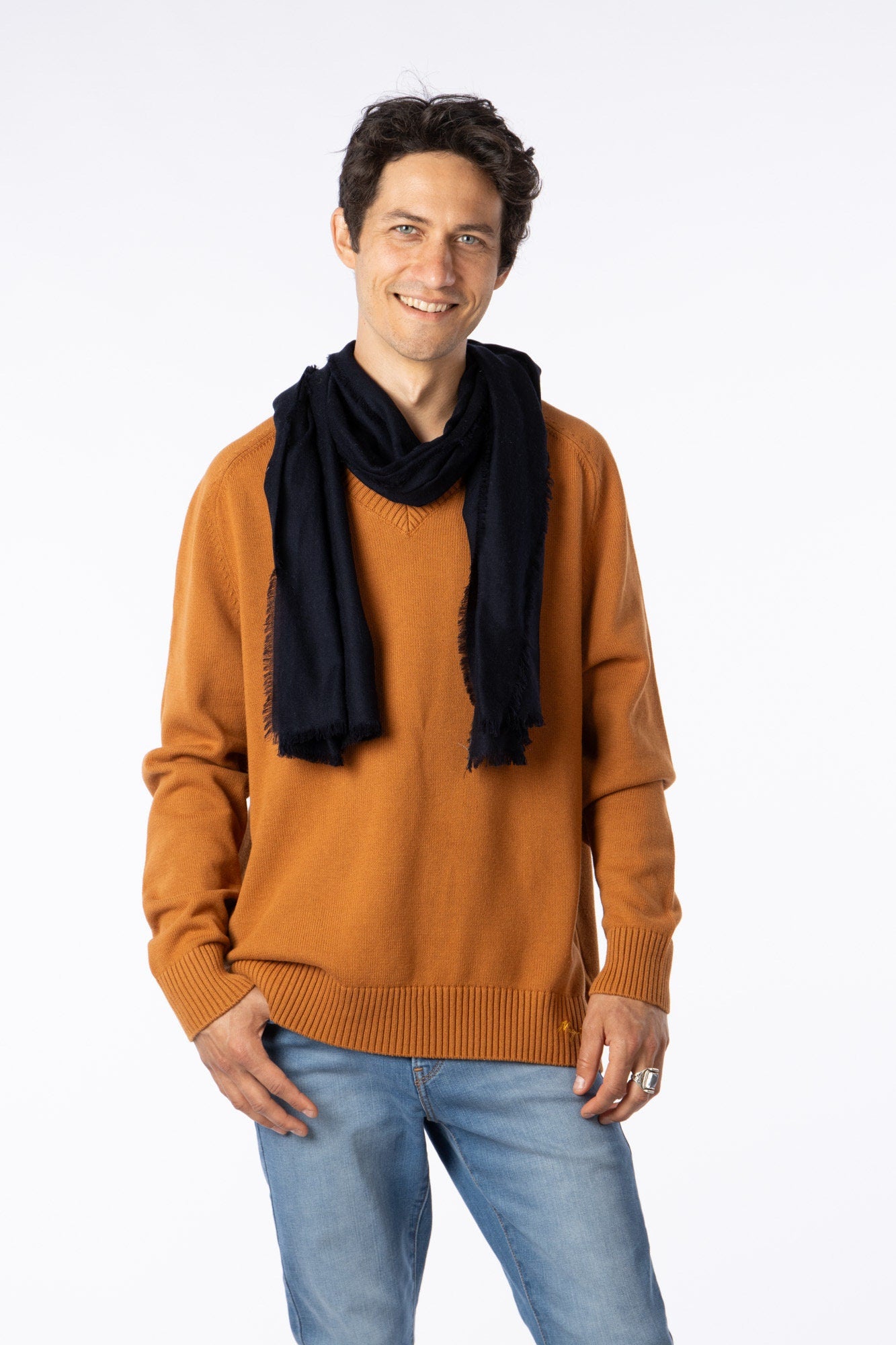 Handmade 100% Austrelian Wool Extra Thin Scarf in Orange, Blue, Black & Gray