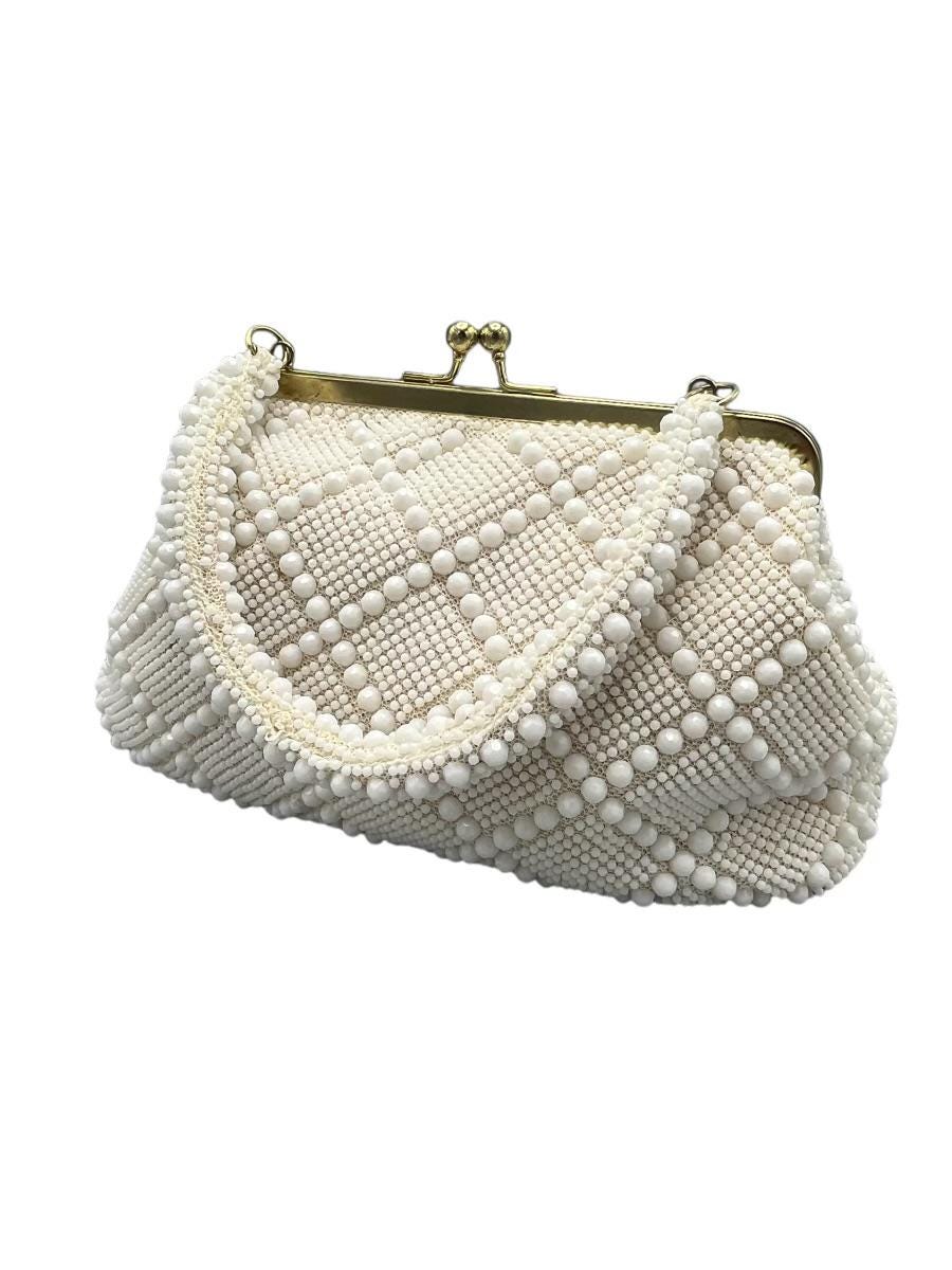 1960s Hollywood Regency white beaded purse