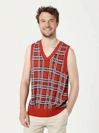 Knitt wear vest 100% cotton Red plaid