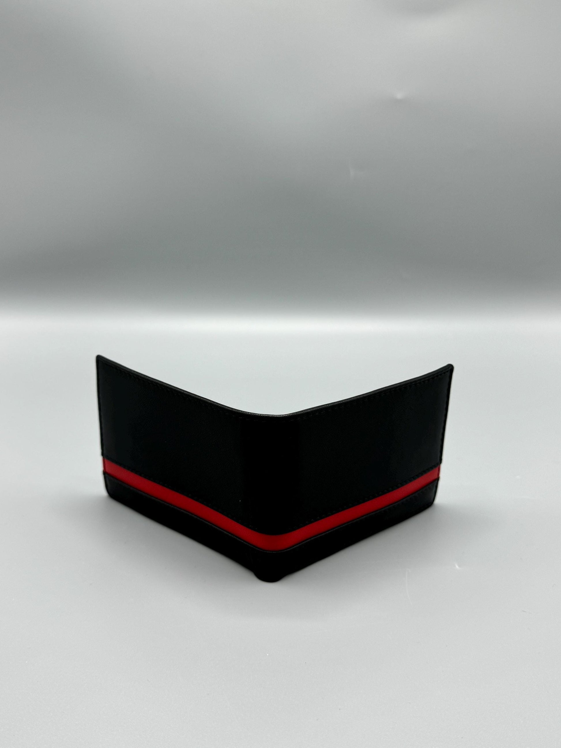 Genuine leather wallet - black with red stripe (larger size)