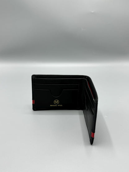 Genuine leather wallet - black with red stripe (larger size)