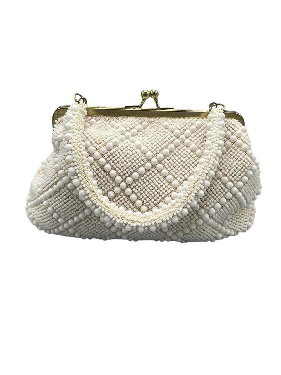 1960s Hollywood Regency white beaded purse