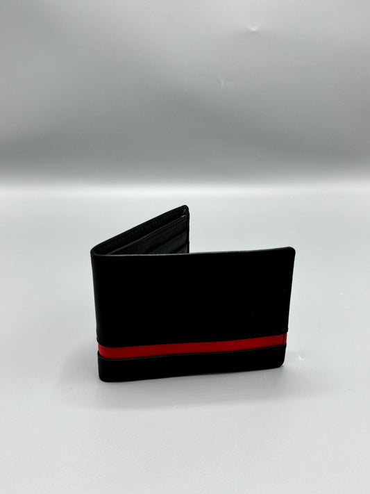 Genuine leather wallet - black with red stripe (larger size)