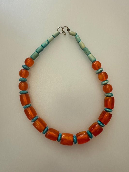 Mid-century orange and blue resin necklace