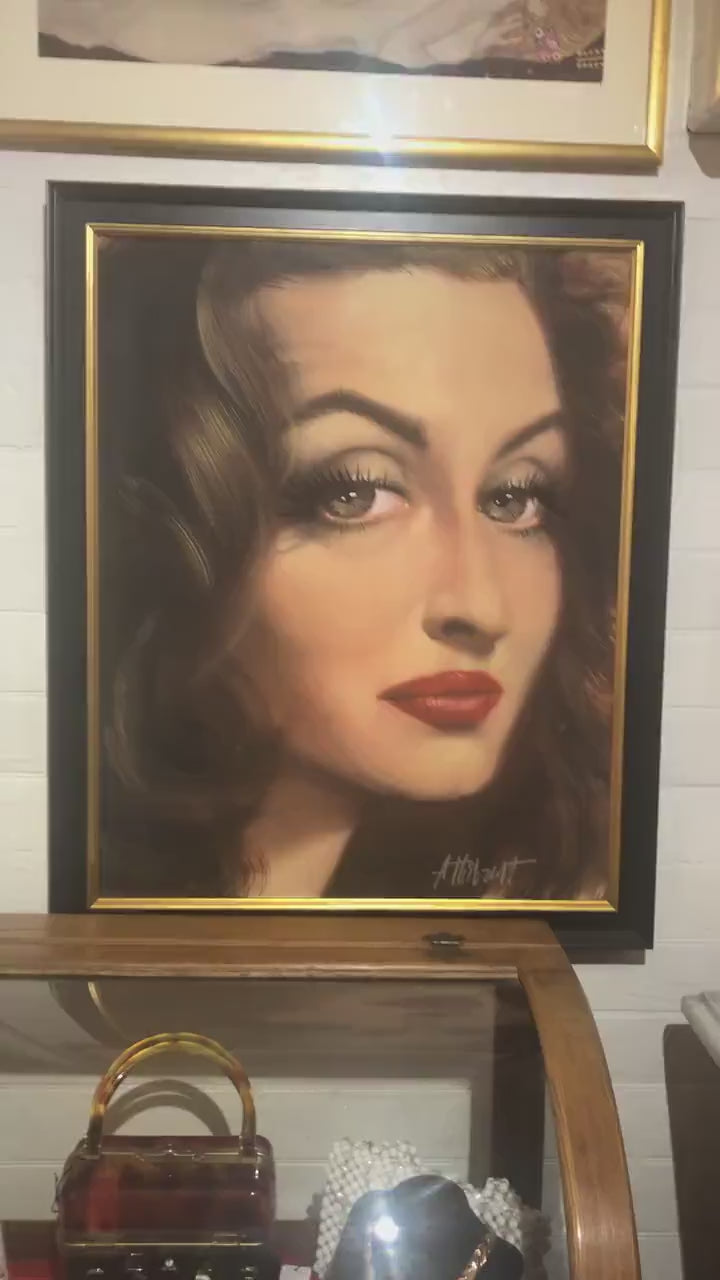 Mid Century Hollywood Regency original oil on canvas painting featuring Betty Davis signed New frame.