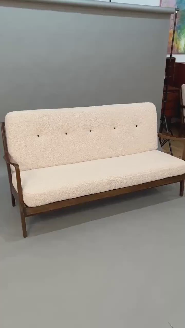 Mid Century curated loveseat sofa with new boucle cushions