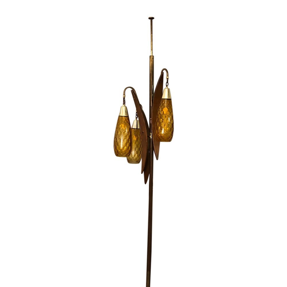 Mid-century Pole tension floor lamp with 3 amber glass shades.
