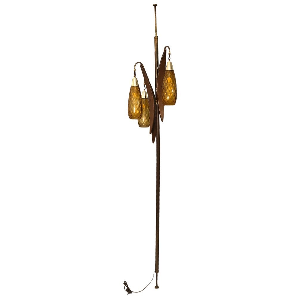 Mid-century Pole tension floor lamp with 3 amber glass shades.