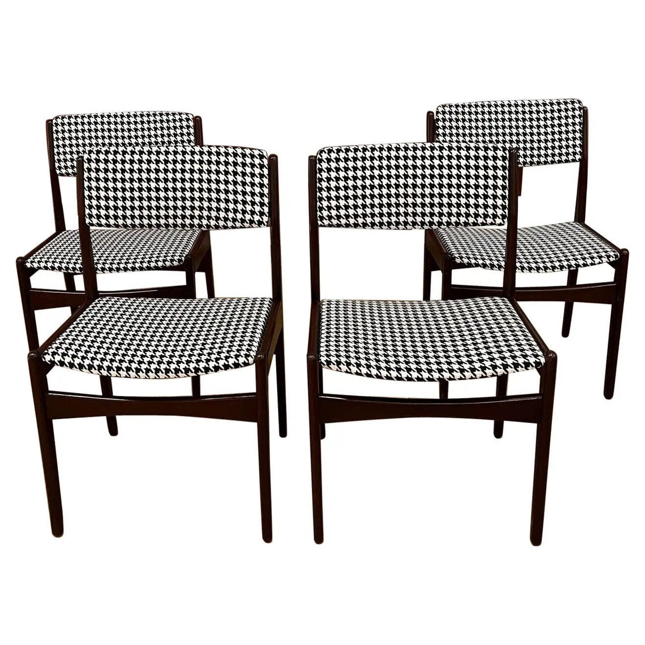 Mid Century curated rosewood dining chairs with new houndstooth upholstry