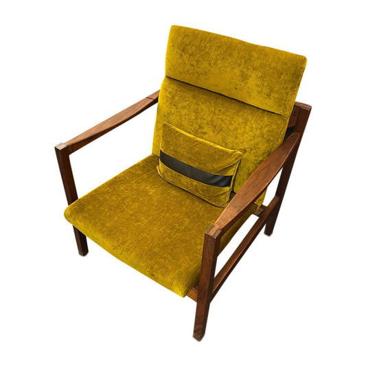 Mid-Century curated teak arm chair with holly hunt green gold velvet upholstery.