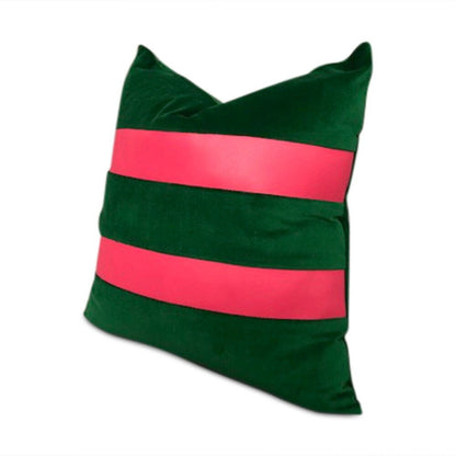Handmade square green velvet with 2 pink vinyl strips pillow 16” x 16” inches come with feather down insert.