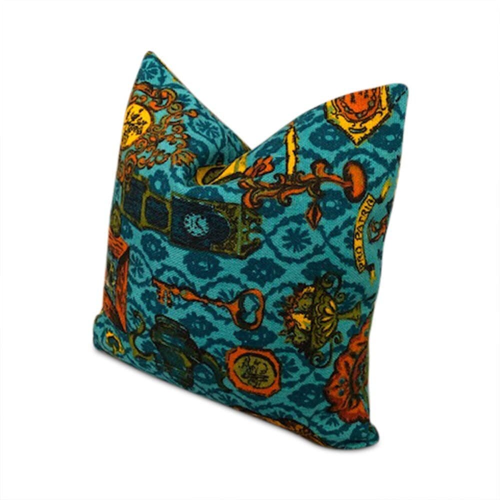 Handmade square Spanish traditional teal orange canvas tweeted pillow 16” x 16” inches