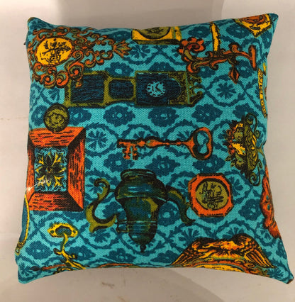 Handmade square Spanish traditional teal orange canvas tweeted pillow 16” x 16” inches