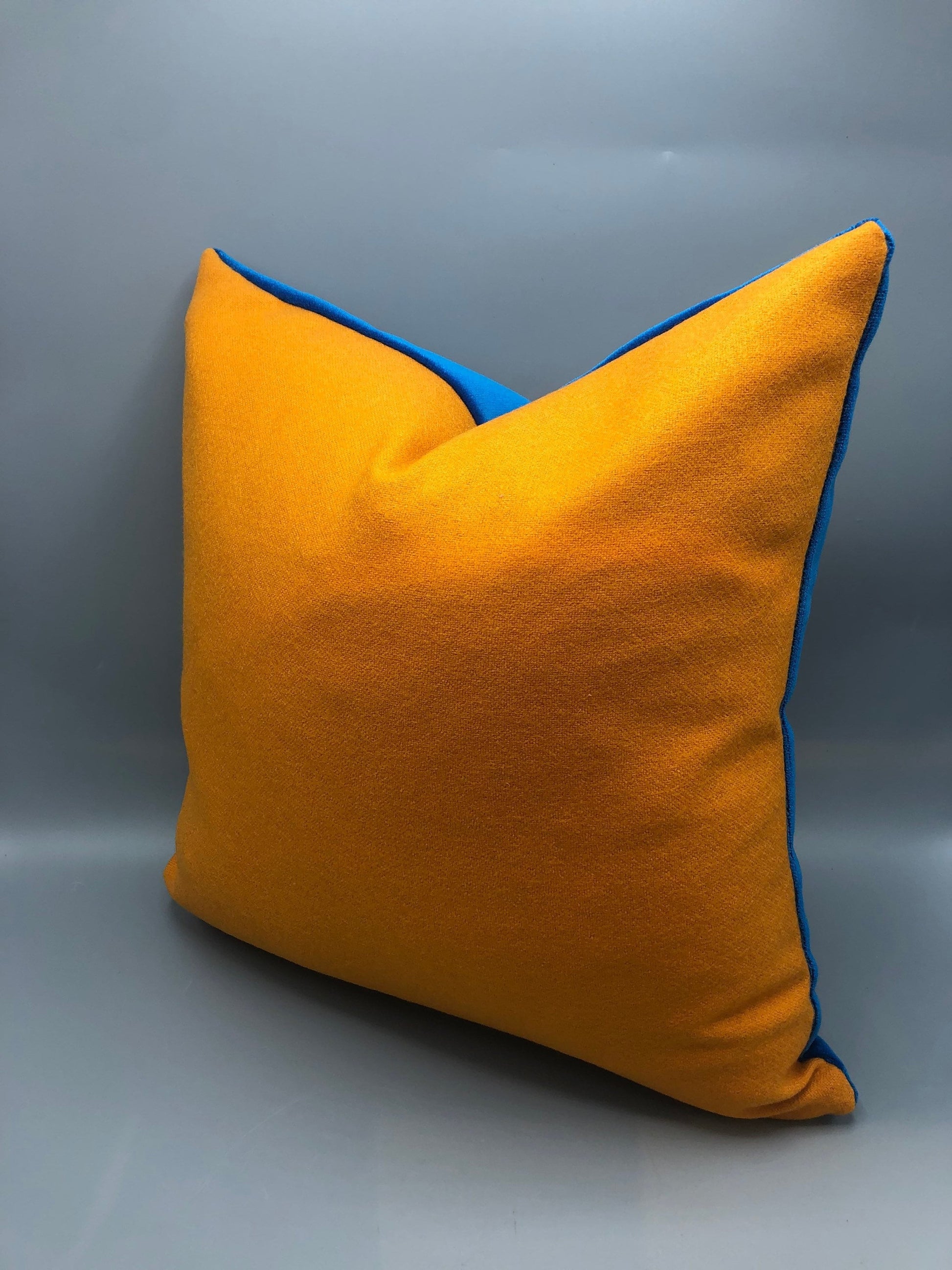 Handmade wool square pillow blue and mustard color down feather insert. 18” x 18”