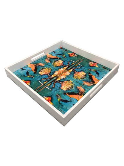 Handmade contemporary lacquer wood tray with multi color abstract titled: The Birds” designed by “Bruce Mishell”16” x 16” inches