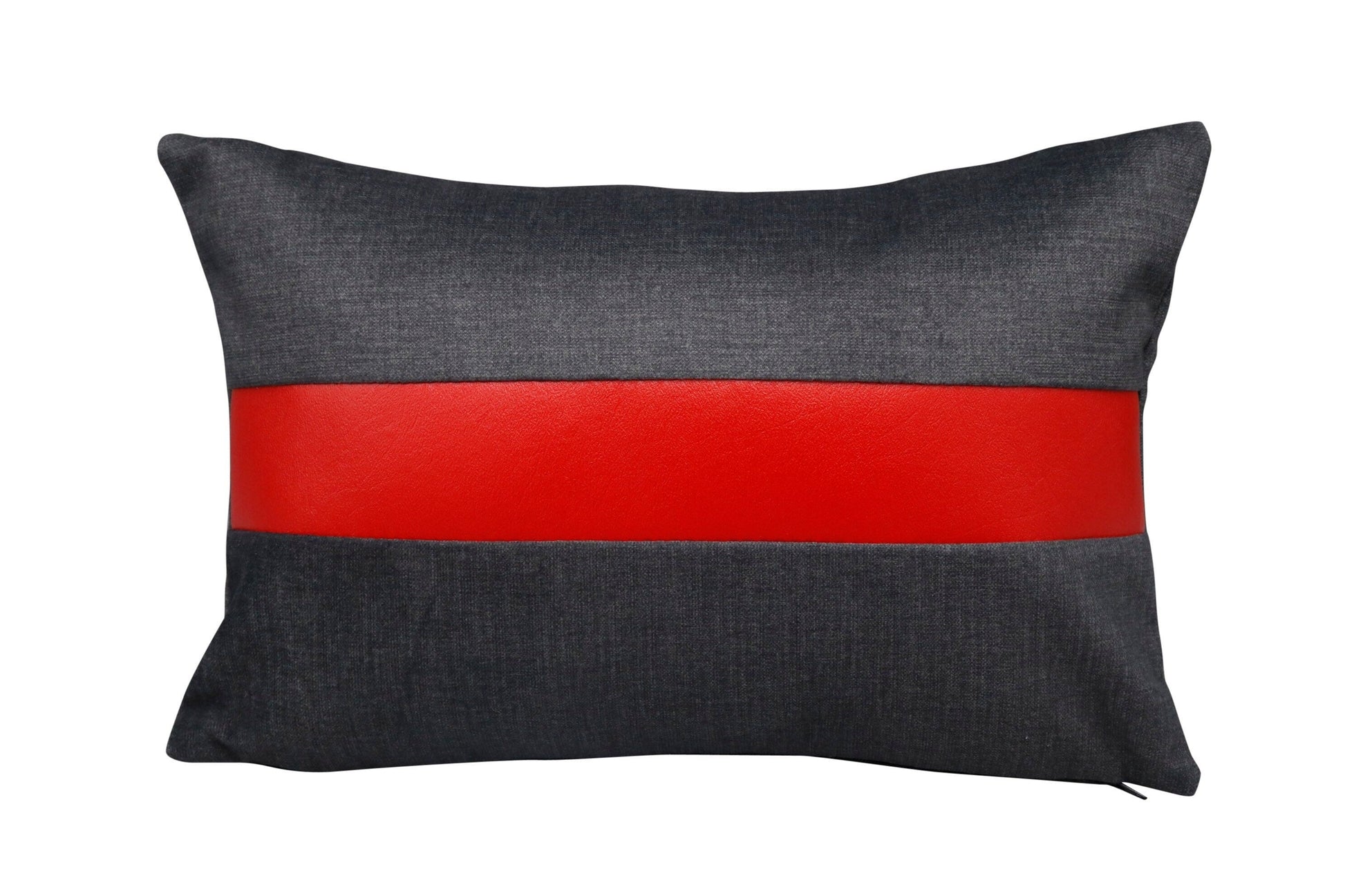 Handmade artisan lumber pillow with gray velvet and red Naugahyde stripe” 10x15” inches Comes with an insert