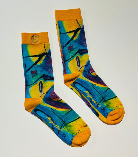 Casual Dressy Sock 100% cotton perfect for the summer or winte with Bruce Mishell Art work. Feels great on the skin.