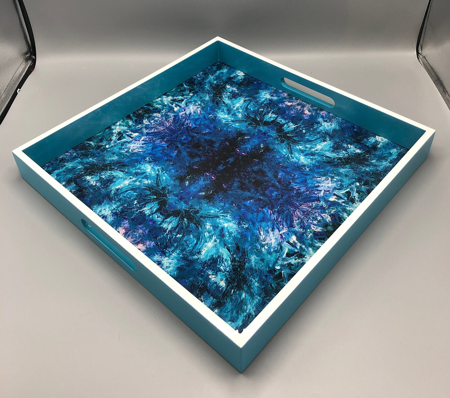 Handmade contemporary lacquer wood tray titled: “Blue Ocean” designed by “Magic Hill W16 x D16 x H2