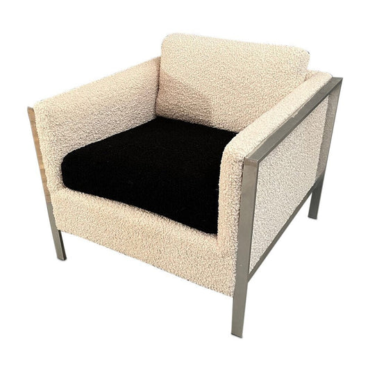 Curated Mid Century large heavy chrome lounge chair with new Cream & Black boucle 1960’s Circa