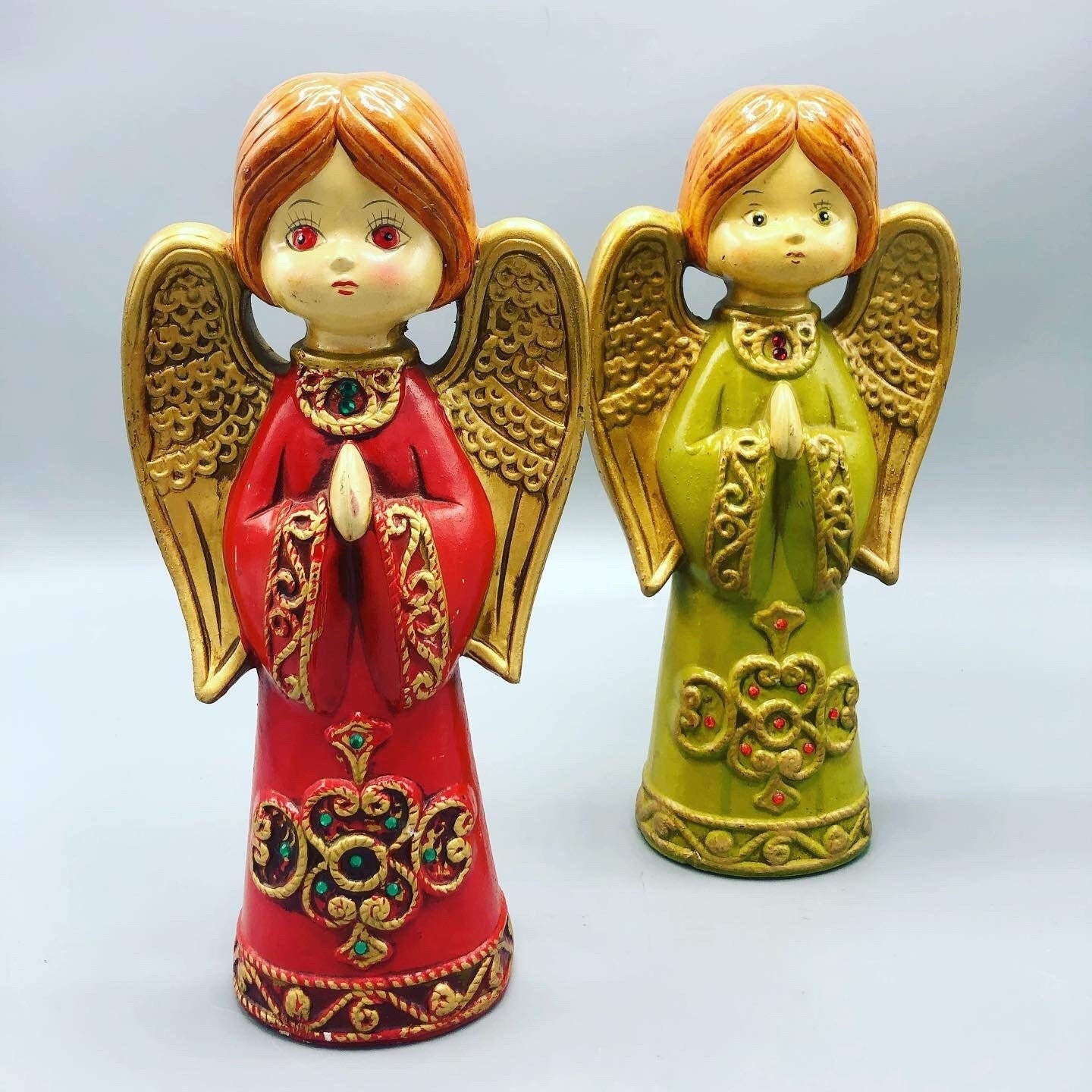 Mid century pair of hand made porcelain angels green and red 1980’a circa signed