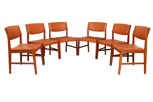 Set of 6 Classic Mid Century Chairs in Teak with Cognac Vinyl
