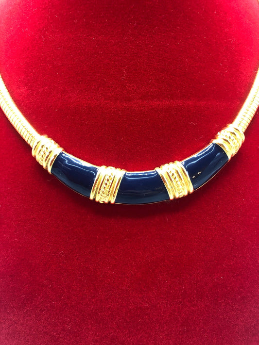 Vintage signed MONET Navy Blue Enamel Omega Chain Egyptian Revival Collar Necklace