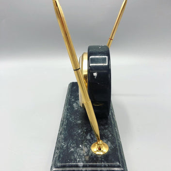 Mid-Century marble desk clock stationary with two pen holders. 1960’s. Circa