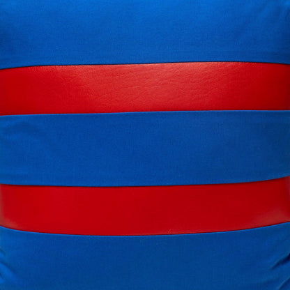 Blue canvas geometric handmade pillow 16 x 16” inches with two red stripes