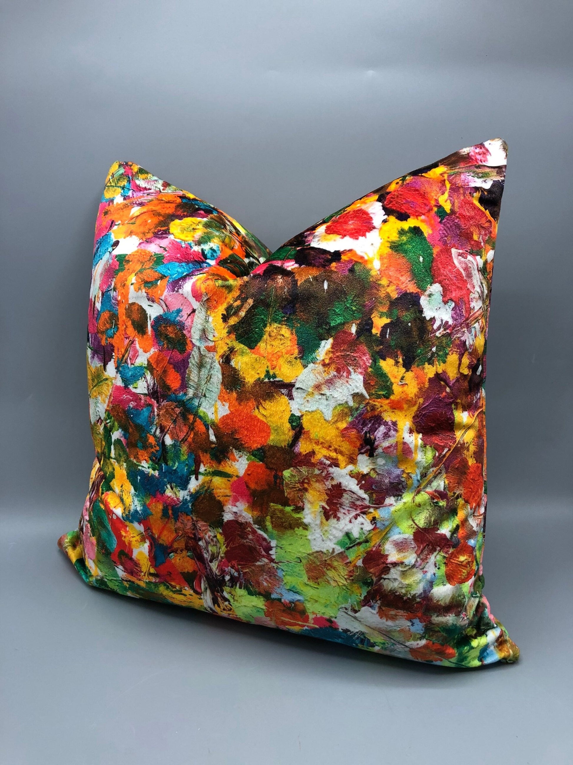 Handmade Square pillow with bruce Mishell design flowers print on plush velvet yellow 18 x 18 inches